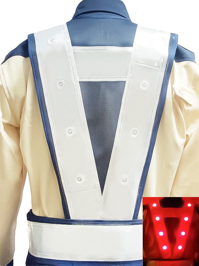 赤色LEDベスト（紺メッシュ×白テープ）背面