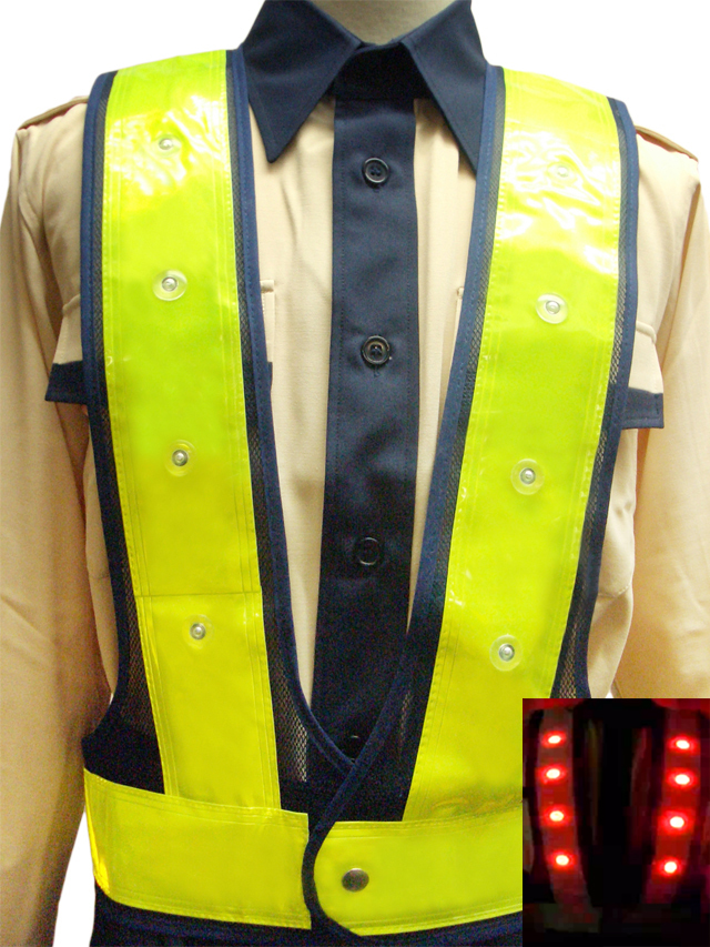 赤色LEDベスト（紺メッシュ×黄テープ）前面