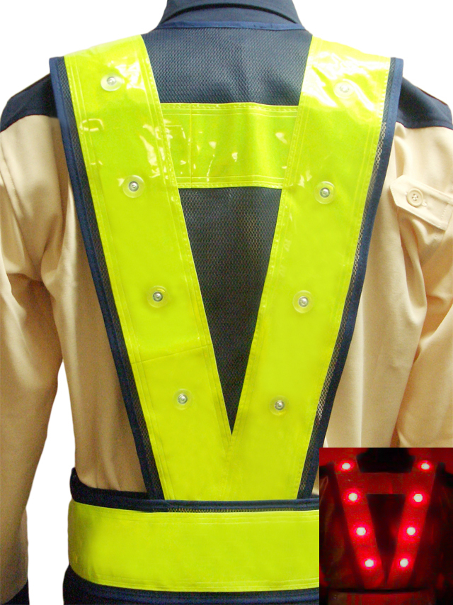 赤色LEDベスト（紺メッシュ×黄テープ）背面