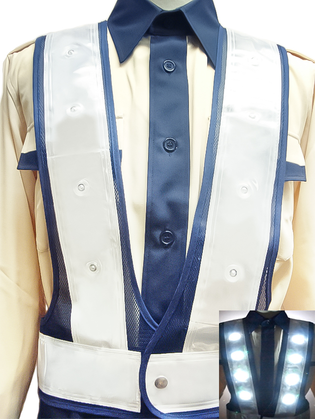 白色LEDベスト（紺メッシュ&times;白テープ）前面
